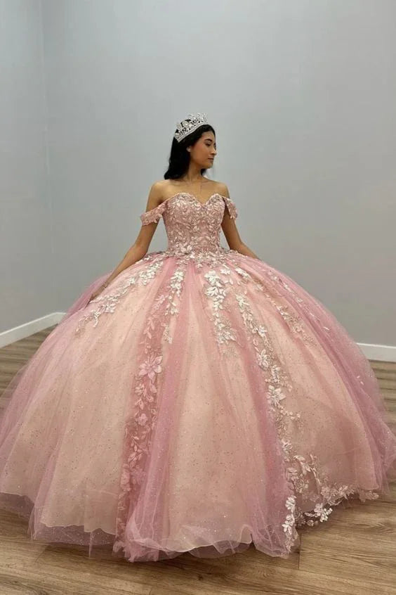 Robe de bal Quinceañera rose à appliques en tulle, épaules dénudées Y5882