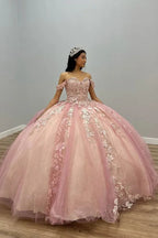 Robe de bal Quinceañera rose à appliques en tulle, épaules dénudées Y5882