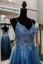 Vestido Formal de Baile Azul com Alças de Lantejoulas e Contas Vestido Elegante para Noite Y1811