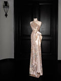 Vestido de Festa Longo de Lantejoulas Douradas Champanhe com Alças Halter Y8653