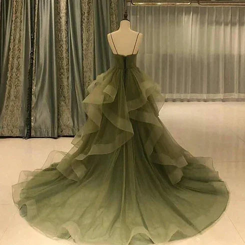 Abito lungo da sera in tulle verde con spalline a cuore Abito da ballo in tulle verde a strati Y987