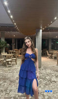 Abito da sera blu a balze con spacco Abito da sera sexy Y7761