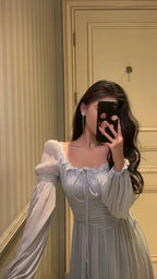 Vestido de Festa Elegante Cinzento em Chiffon com Renda e Mangas Compridas para Baile de Finalistas Y8021