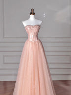 Abito lungo da sera e da ballo a linea A in tulle con paillettes rosa pesca senza spalline Y8645