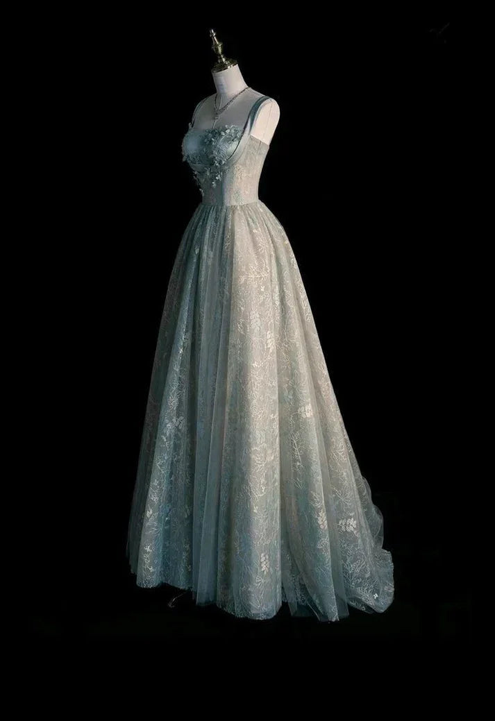 Vestido de Festa Longo em Tule Verde-Sálvia Encantador com Renda, Modelo Linha A, Vestido de Noite Y7544