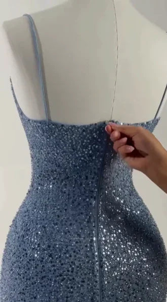 Hermoso vestido largo de fiesta azul con lentejuelas y cuentas, vestido formal de noche Y8512
