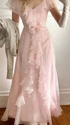 Vestido de Noite Formal Rosa Elegante em Chiffon com Folhos, Modelo Linha A para Baile Y8435