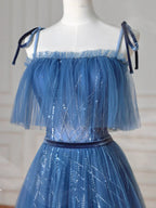Vestito da sera lungo a linea ad A con spalline sottili blu, tulle e paillettes Y8634