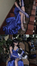 Vestido longo de noite elegante em cetim azul, vestido de concurso Y2621