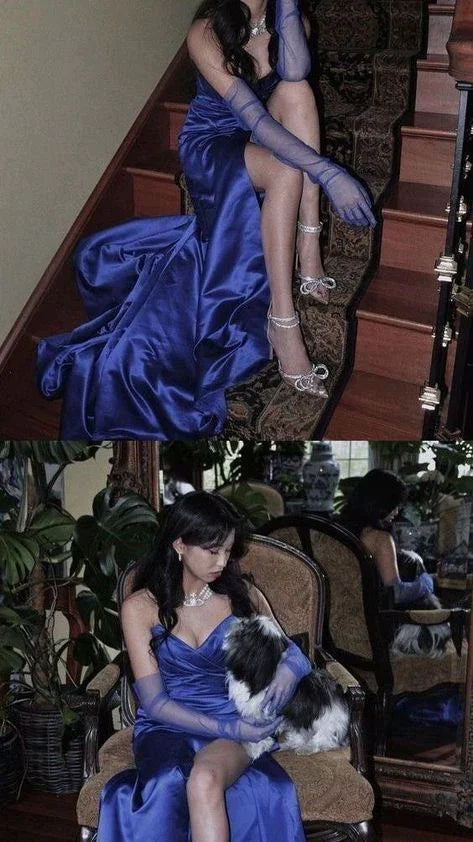 Vestido longo de noite elegante em cetim azul, vestido de concurso Y2621