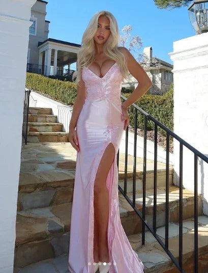 Vestido de Baile com Aplicações de Cetim Cor-de-Rosa, Cauda de Sereia, Fenda Longa, Vestido de Noite Y8263