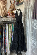 Vestido de noite longo vintage com decote em V, chiffon preto e renda, vestido de baile Y7813