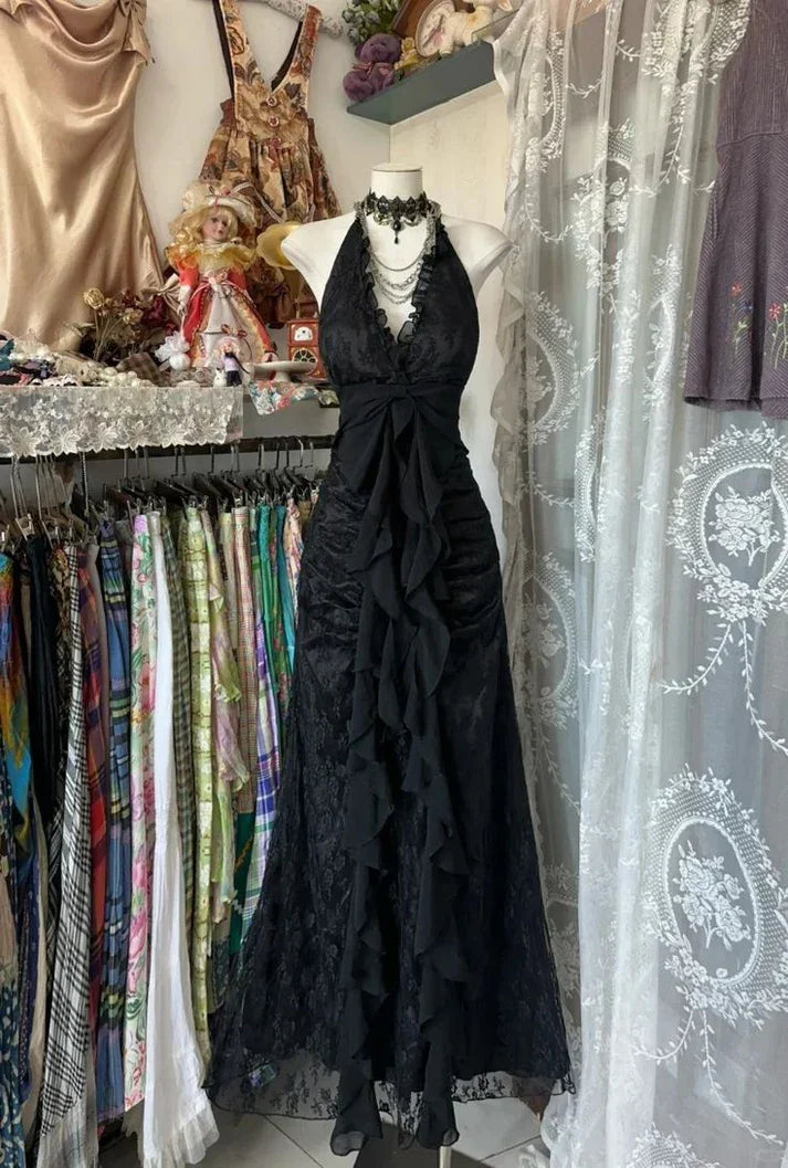Vestido de noite longo vintage com decote em V, chiffon preto e renda, vestido de baile Y7813