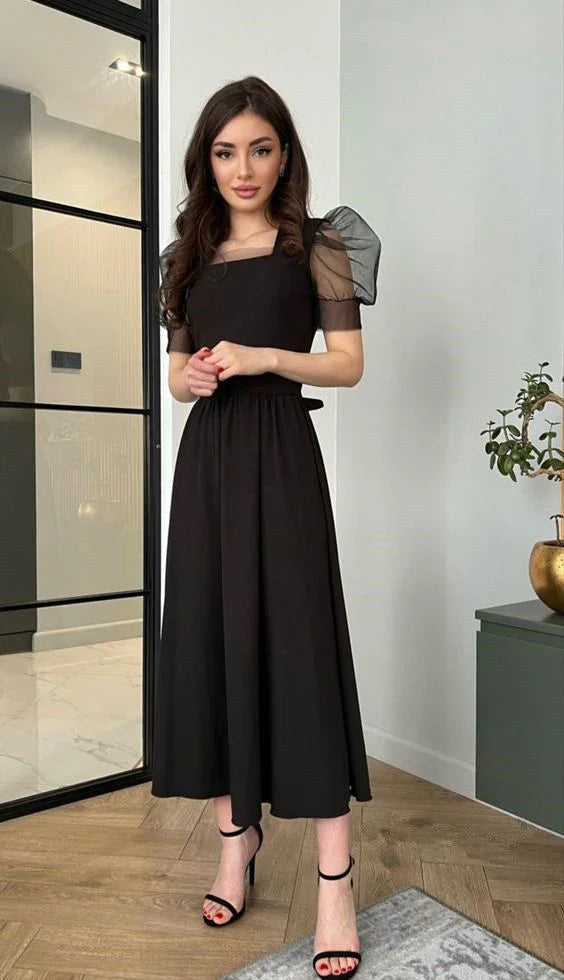 Robe de soirée à manches bouffantes en ligne A, noire, col carré simple, robes de fête pour femmes Y4558