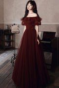 Robe de bal bordeaux à épaules dénudées en tulle, coupe ligne, robe de soirée Y8351