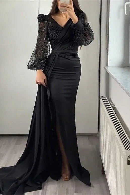Abito da sera con paillettes, scollo a V, maniche lunghe, spacco a sirena e balze Y5554