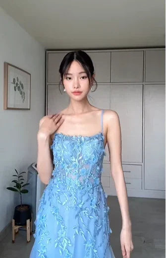 Vestido de Noite Sereia Comprido com Aplicações de Tule Azul Elegante Vestido de Baile Y8156