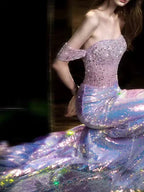 Vestido Formal de Noite Roxo com Lantejoulas e Contas, Ombros Descobertos, Estilo Sereia, Y8182