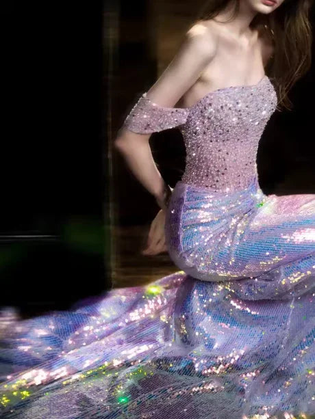 Vestido Formal de Noite Roxo com Lantejoulas e Contas, Ombros Descobertos, Estilo Sereia, Y8182