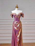 Elegante abito da sera lungo viola in raso con perline, stile sirena, scollatura a spalle scoperte Y8605