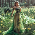 Robe de soirée unique verte à épaules dénudées, manches longues, appliques en dentelle de tulle, robe de bal formelle Y8390