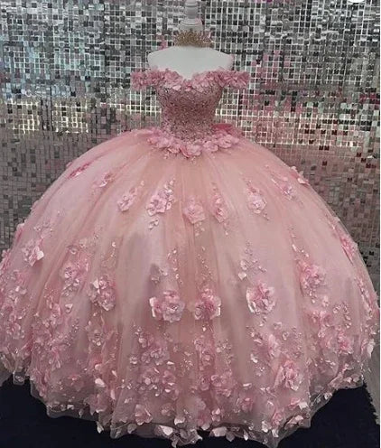 Robe de bal rose à épaules dénudées pour Quinceañera avec appliques 3D et corset Y6791