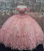 Robe de bal rose à épaules dénudées pour Quinceañera avec appliques 3D et corset Y6791