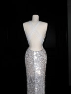 Abito da sera sirena senza schienale con scollo a V sexy e paillettes argento Y8680