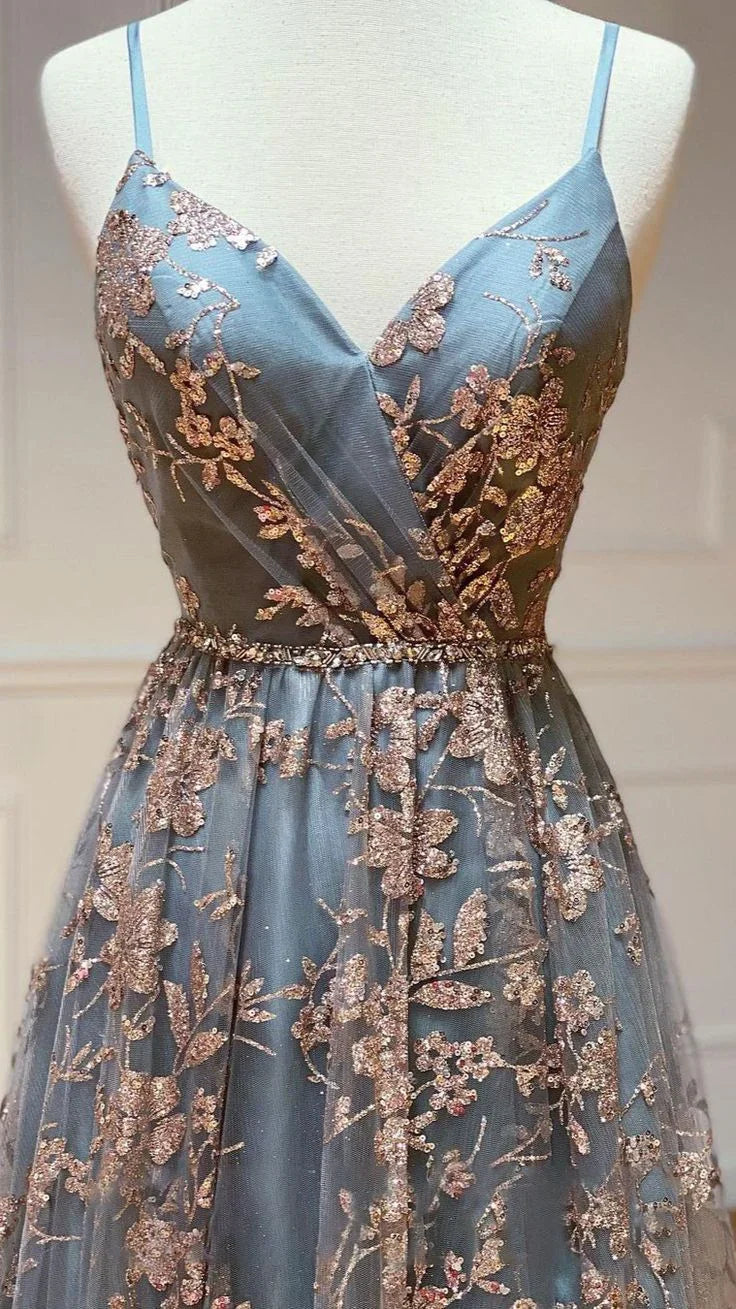 Abito lungo da sera con scollo a V a linea ad A, tulle e paillettes, senza schienale, abito lungo da ballo Y5620