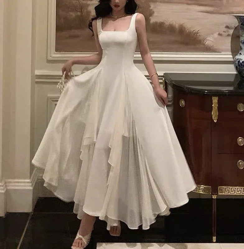 Robe de soirée longue blanche à encolure carrée, asymétrique, coupe trapèze Y2786
