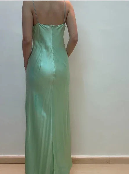 Sexy Spaghetti Straps Green Satin Beaded Prom Evening Dress Y7757