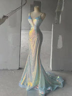 Vestidos longos de baile com alças finas cintilantes, lantejoulas, decote em V de sereia, costas descobertas, vestidos de noite Y7804
