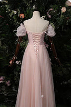 Elegante abito da sera rosa con spalle scoperte, abito da sera rosa Y1898