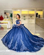 Abito da Quinceanera in Pizzo di Tulle Blu Marina con Spalle Scoperte, Abito da Ballo Blu Marina Dolce 15 Anni Y2985