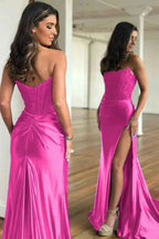 Fuchsia Strapless Corset Satin Mermaid Prom Dress