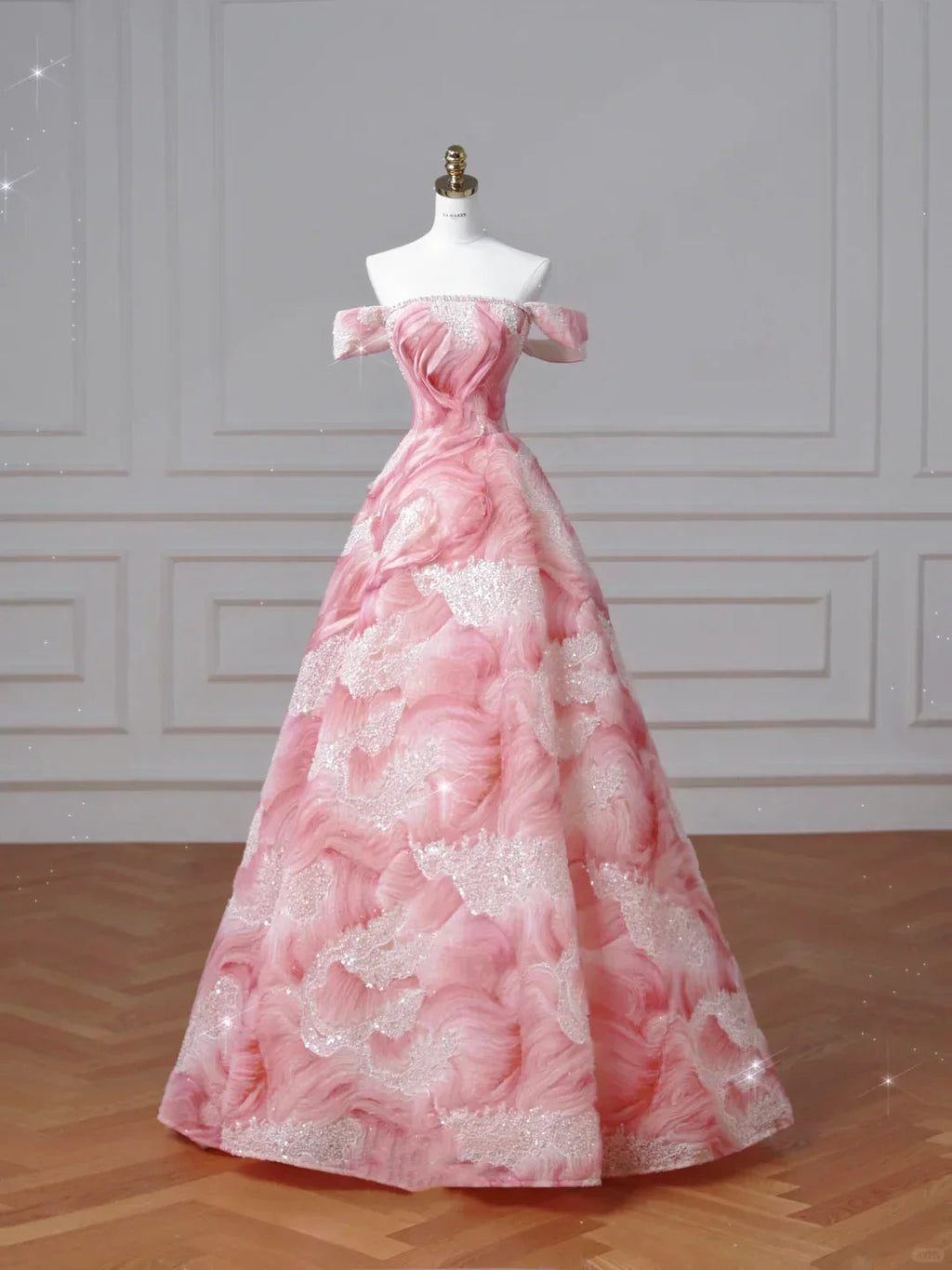 Robe de bal princesse d'anniversaire rose rêve sans bretelles en satin imprimé à sequins Y8604