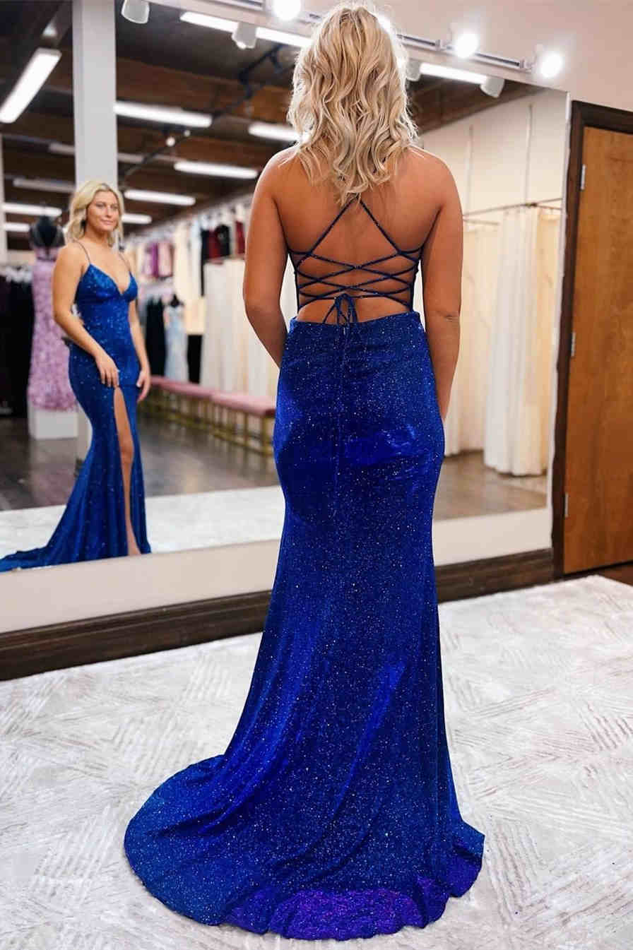 Vestido longo de festa elegante azul real cauda de sereia