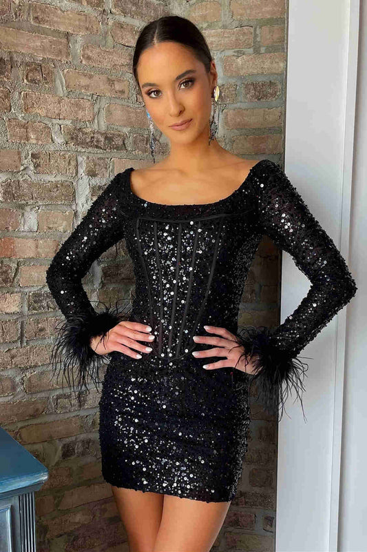 Vestido de fiesta con lentejuelas y mangas largas