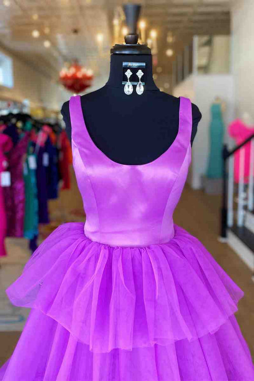 Abito lungo formale lilla a strati in tulle con scollo rotondo e linea a trapezio