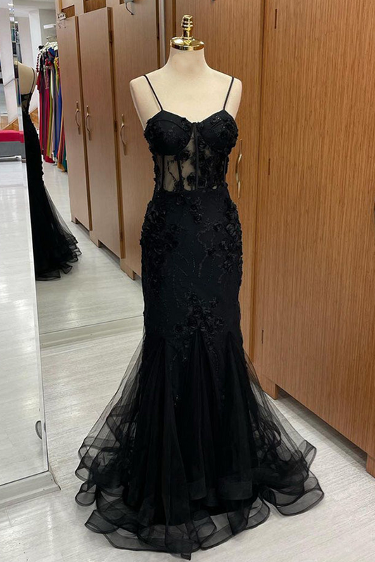 Vestido de fiesta largo de tul con apliques de sirena y tirantes de corazón
