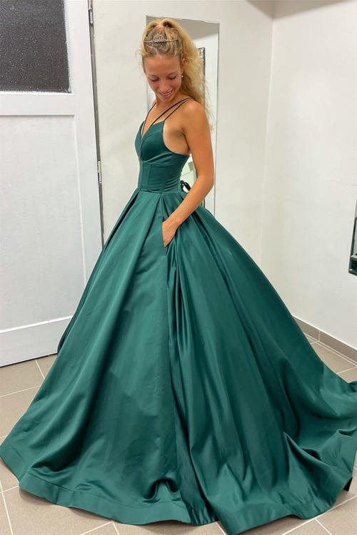 Vestido longo de baile em cetim verde caçador com decote em V e corte em linha A