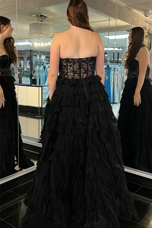 Robe de bal longue en tulle sans bretelles, coupe trapèze, avec fente