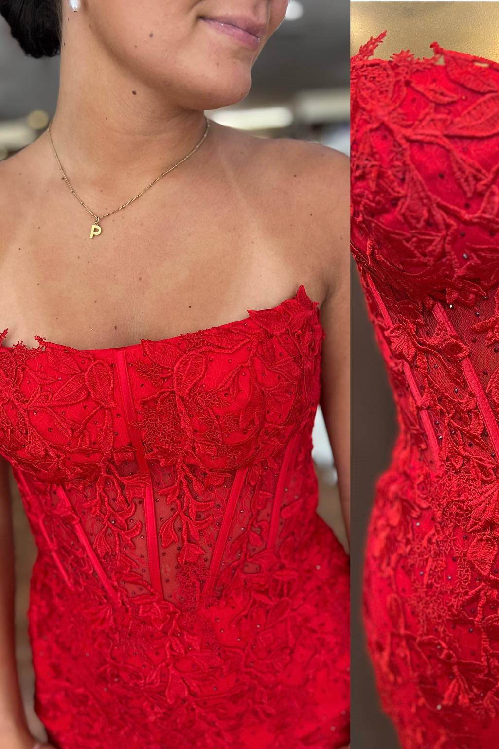 Abito da cerimonia a tubino senza spalline con corsetto e pizzo