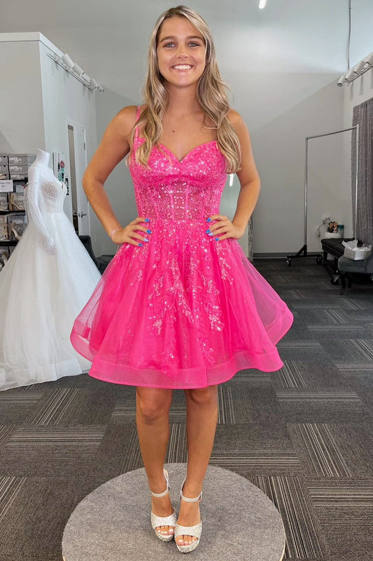 A-Linie Spaghettiträger Pailletten Tüll Homecoming Kleid
