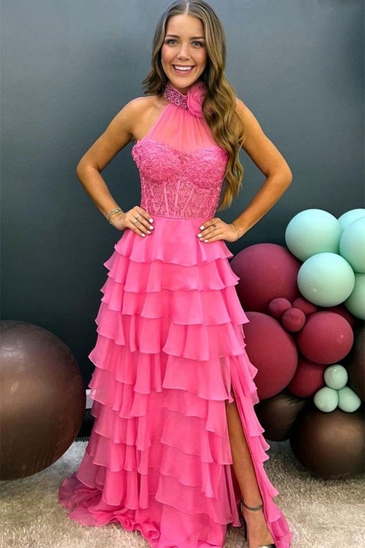 A-Linien-Ballkleid aus Chiffon mit hohem Halsausschnitt und Stufen und 3D-Blume