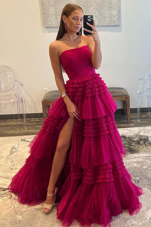 Robe de bal longue en tulle sans bretelles, coupe en A, avec volants superposés
