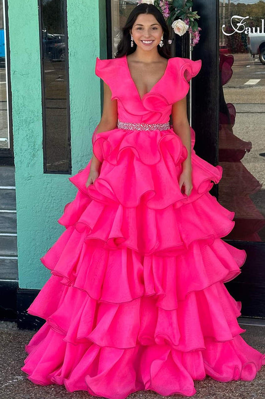 Vestido de fiesta largo con volantes, escote en V y cuentas en la cintura, color rosa intenso