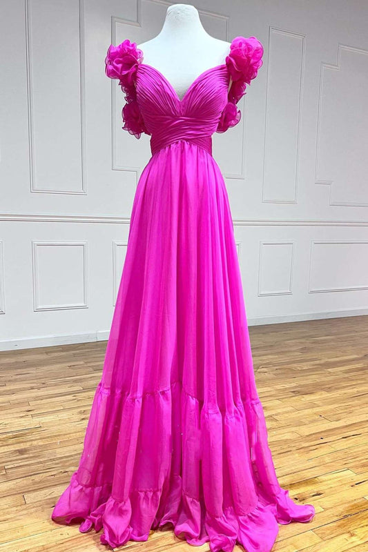 Vestido de fiesta largo fucsia con escote en V, plisado y volantes, con cordones