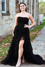 Braelyn | Abito da sera azzurro chiaro senza spalline in tulle a strati con paillettes