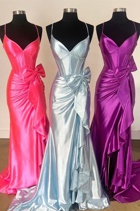 Vestido de fiesta de sirena de satén con escote en V y tirantes y lazo